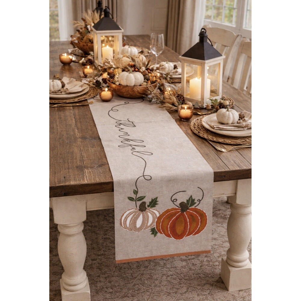 MUD PIE - Pumpkin Thankful Thanksgiving Table Runner Oatmeal Fall 14" x 72"